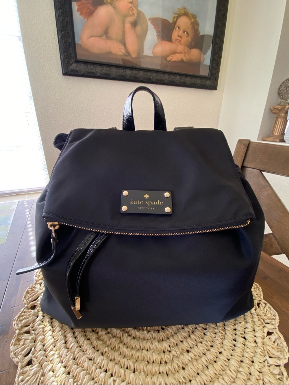 kate spade Black Nylon Flap Backpack with Gold Hardware